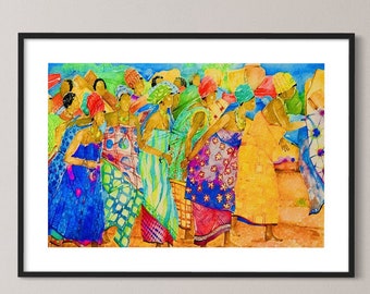 African Women Watercolor Art Print, Black Art Painting, Living Room Decor