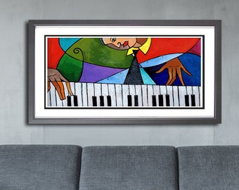 African American Piano Art Print, Colorful Jazz Painting