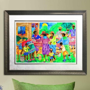May include: A watercolor painting of a group of people gathered outdoors, possibly for a picnic or celebration. The people are dressed in colorful clothing and are interacting with each other. The painting is set against a backdrop of green trees and a blue sky.