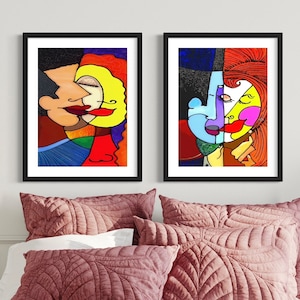 2 Piece Lovers Wall Art, Gift for Couples, Love Themed Decor, Wedding Art, Gift for Boyfriend and Girlfriend, Happy Art Print