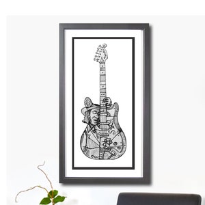 Stevie Ray Vaughan Guitar Art Print, Music Art Print, Pop Art, Fine Art Print, Home Decor Art, Wall Art, Black And White Sketch