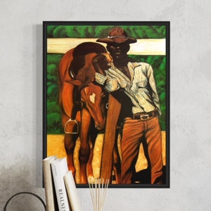 The Black Cowboy Canvas Wall Art, African American Black Art Painting, Pastel Fine Art Print, Black Man and Horse Painting.