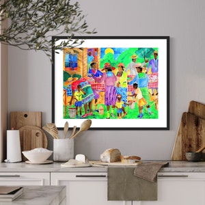 May include: A watercolor painting of a group of people gathered around a table outdoors. The people are wearing colorful clothing and hats. The table is covered with a red and white checkered tablecloth. There are trees and a house in the background.