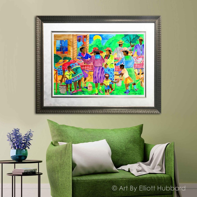 May include: A watercolor painting of a group of people gathered outdoors, possibly for a picnic or celebration. The people are dressed in colorful clothing and are interacting with each other. The painting is set against a backdrop of green trees and a blue sky.