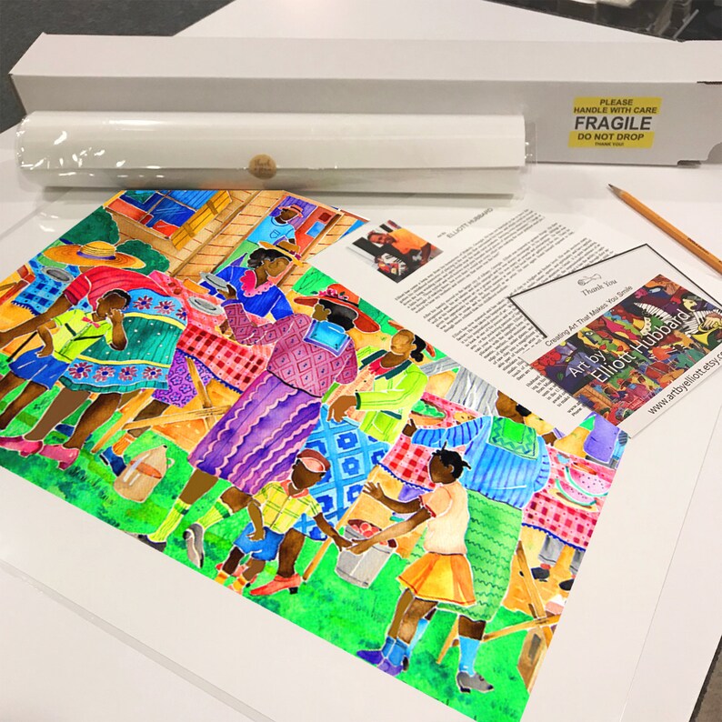 May include: A colorful watercolor painting depicting a group of people gathered around a table, possibly for a meal. The people are dressed in vibrant clothing with geometric patterns. The painting is set against a backdrop of a building and lush greenery.