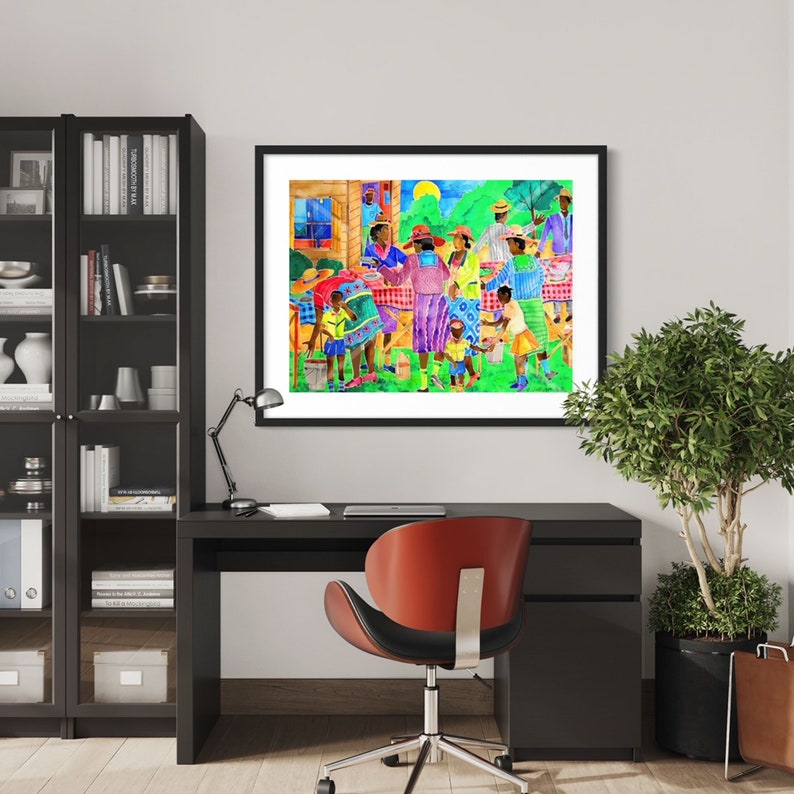 May include: A watercolor painting of a group of people gathered outdoors. The people are dressed in colorful clothing and are standing around a table. There are trees and a house in the background.