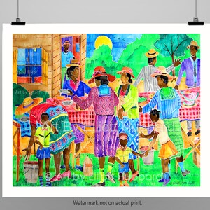 May include: A watercolor painting of a family gathering outdoors. The scene is vibrant and colorful, with people of all ages enjoying a meal together. The painting features a variety of colors, including red, green, blue, yellow, and orange. The painting is signed "Art by Elliot Hubbard".