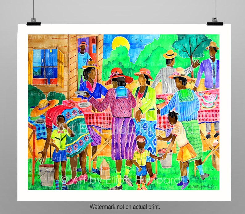 May include: A watercolor painting of a family gathering outdoors. The scene is vibrant and colorful, with people of all ages enjoying a meal together. The painting features a variety of colors, including red, green, blue, yellow, and orange. The painting is signed "Art by Elliot Hubbard".