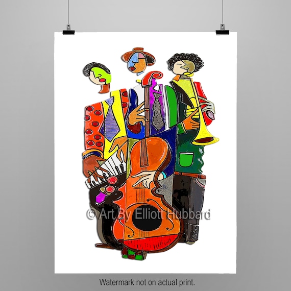 Abstract New Orleans Jazz Band Art Print – Signed Music Room Wall