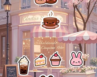 May include: An illustrated Parisian cafe scene with cartoon stickers. The image shows a cafe with a pink and white striped awning, a flower cart, and various food and character stickers, including bears, a bunny, and desserts. The text "DESIGN BENTO" is at the top.