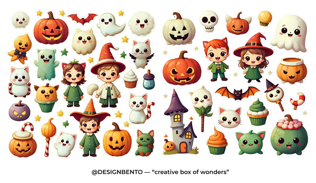 Cute Halloween Digital Sticker Pack | Kawaii Ghost and Pumpkin PNG ...