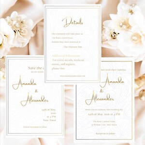Op de afbeelding: Een set elegante trouwkaarten met gouden details. De kaarten tonen de namen "Amanda & Alexander", evenementinformatie en een bloemmotief. De tekst is in een sierlijk script.