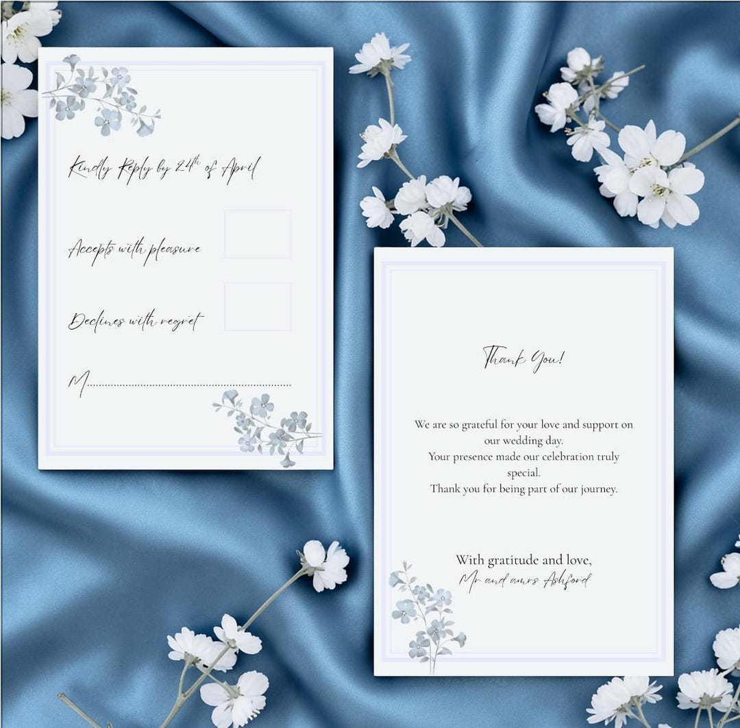 Dusty Blue Floral Wedding RSVP and Thank You Card Template (canva ...