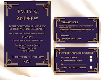 Art Deco Wedding Invitation Set: Purple & Gold Canva Template (Printable Digital Download