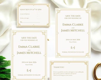 Könnte beinhalten: Eine Sammlung elfenbeinfarbener Hochzeitspapeterie mit goldenen geometrischen Rändern. Das Set enthält Save-the-Date-Karten, Antwortkarten und Dankeskarten. Der Text enthält die Namen Emma Clarke und James Mitchell sowie das Datum 24. Mai 2026.