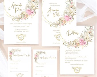 Op de afbeelding: Een verzameling elegante trouwbriefpapier met bloemen- en gouden accenten. De uitnodigingen, save-the-date kaarten en detailkaarten hebben de namen "Amanda & Peter" in gouden script. De kaarten bevatten de tekst "Kindly Reply by 7th of April".