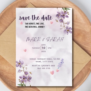 Editable Lavender Wedding Invitation, Purple Flower Invitation Card, Floral Wedding Invite, Instant Download, Lilac Printable