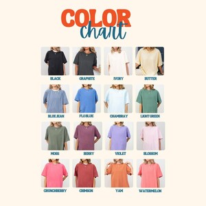 May include: A color chart displays various short-sleeved t-shirts in a grid. The shirts come in a range of colors, including black, graphite, ivory, butter, blue jean, floblue, chambray, light green, moss, berry, violet, blossom, crunchberry, crimson, yam, and watermelon.
