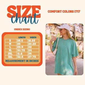 May include: A size chart for unisex t-shirts, with measurements in inches. The chart is in an orange and brown frame. The t-shirt is a light green color. The text "SIZE chart" is in orange and blue. The text "COMFORT COLORS 1717" is in orange.