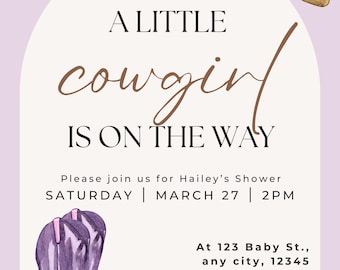 Kleines Cowgirl Ist Auf Dem Weg Babyparty Einladung | Cowgirl Babyparty einladen | Western-Babyparty | Bearbeitbare Canva Vorlage