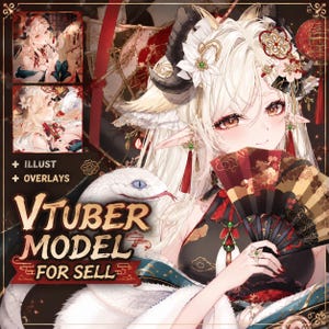 May include: A digital illustration of a white-haired character with horns and pointed ears, wearing a black and red outfit with gold accents. The character holds a folding fan, accompanied by a white snake. Text reads: + ILLUST + OVERLAYS VTUBER MODEL FOR SELL.