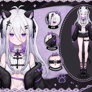 Puede incluir: Una hoja de referencia de personaje digital que muestra una figura con cabello largo blanco, orejas de gato y ojos morados. El personaje viste un top blanco con un colgante negro en forma de llave, una chaqueta negra y pantalones cortos. Incluye recuadros circulares etiquetados como EYE, CLOTHES y ACCESSORIES.