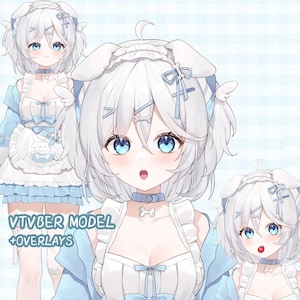 Op de afbeelding: Digitale illustratie van een anime-achtig personage met wit haar en blauwe ogen, gekleed in een blauw-witte outfit met konijnenoren. De afbeelding bevat de tekst "VTBVER MODEL + OVERLAYS".