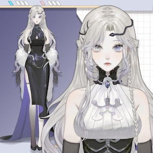 Puede incluir: Ilustración digital de un personaje con largo cabello blanco y piel pálida. El personaje lleva un vestido negro con una abertura alta, una parte superior blanca y guantes negros. Un adorno en forma de serpiente está en la cabeza. El fondo es un degradado de morado y blanco.