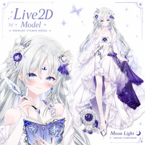 Puede incluir: Ilustración de un modelo Live2D con cabello largo blanco y ojos azules, vistiendo un vestido blanco con detalles morados. La imagen incluye el texto "Live2D Model" y "Moon Light". El modelo sostiene un libro y una pluma.