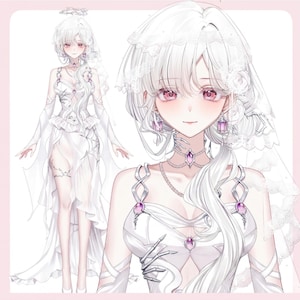 May include: An illustration of a woman in a white wedding dress with long, flowing hair and a veil. The dress features intricate details, including a bodice with purple accents and a long train. The woman has pink eyes and is wearing a necklace and earrings.