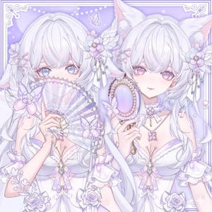 May include: An anime-style illustration of two figures with white hair and animal ears, decorated with floral and butterfly details. One figure holds a fan, the other a mirror. The image uses a soft palette of lavender and white.