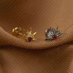 Op de afbeelding: Twee oorstekers met een sunburst-ontwerp en een klein rood edelsteencentrum. Eén oorbel is goudkleurig, de andere is zilverkleurig. De oorbellen worden gepresenteerd op een textiel, bruinachtige stof.