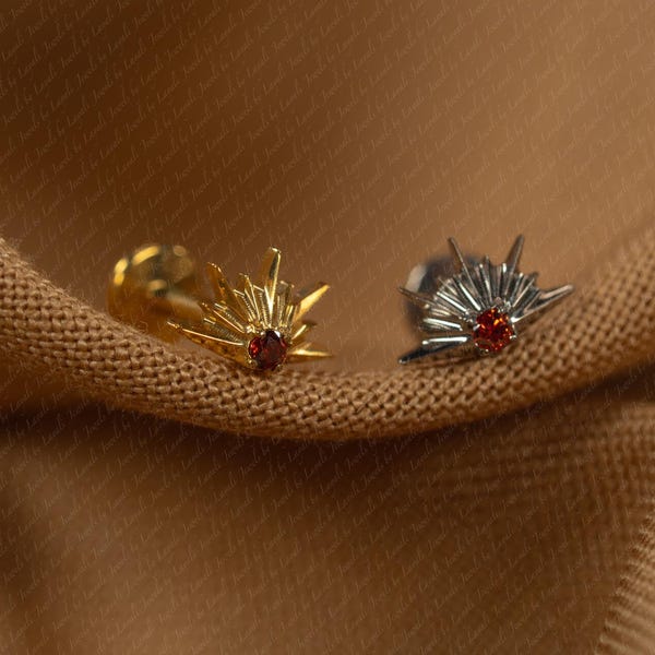16G Red CZ Star Burst Flat Back Stud • Cartilage Earring • Tiny Gold Silver Stud • Screw Back • Labret • Helix • Tragus Piercing • JL31.18