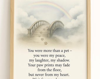 Afdrukbaar huisdier Memorial Rainbow Bridge – huisdier verlies gedicht kunst aan de muur – Instant Download, huisdier sympathie cadeau, digitale huisdier herinnering print