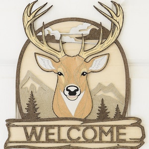 Rustic Deer Welcome Sign - Layered Wood Wall Decor with Antlers, Mountains & Trees - Cabin Entryway Door Hanger - Handmade Nature Home Decor