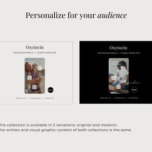 May include: A digital marketing template set titled Oxytocin Instagram Reels featuring two variations, original and melanin. The graphics display video placeholders, text overlays, and Canva branding, presented in both light and dark color schemes.