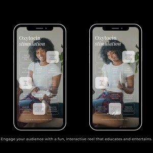 May include: Two identical smartphone screens displaying a grid titled Oxytocin stimulation. The grid contains various text-based activities like Hug a loved one, Connect with friends, Fall in love, and Practice gratitude consciously over a photo background.