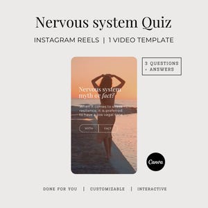 May include: A digital video template for Instagram Reels titled Nervous system Quiz. The template features a sunset beach scene with a person standing on a pier, text overlays asking Nervous system myth or fact, and buttons labeled Myth and Fact.