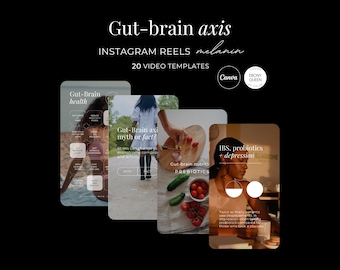 May include: A digital collection of 20 Instagram Reels video templates titled Gut-brain axis. The templates feature white text overlays on various lifestyle imagery, including health tips, food preparation, and educational content for Canva.