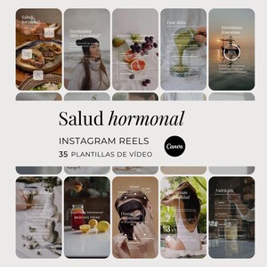 May include: A set of Instagram Reels templates titled "Salud hormonal", featuring a clean, modern design. The templates include images of food, people, and graphics, with Spanish text overlays. The Canva logo is also visible.