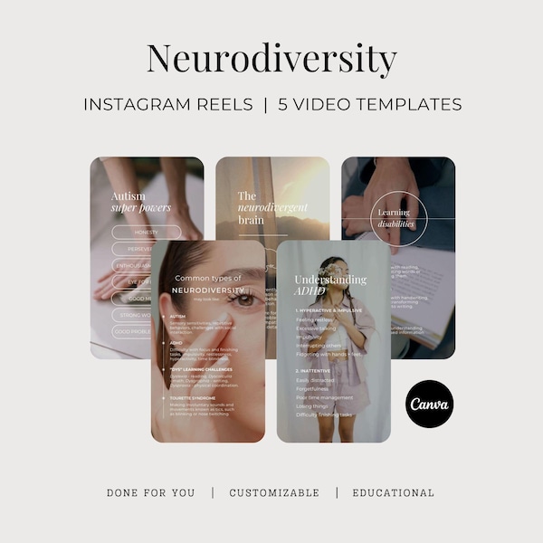 Neurodiversity Instagram Reels, Brain Health Done For You Social Media Videos, Cognitive Therapy Customizable Canva Templates