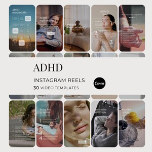 Puede incluir: Un conjunto de plantillas de Instagram Reels con el texto "ADHD" y "INSTAGRAM REELS 30 VIDEO TEMPLATES". Las plantillas presentan varios diseños con texto e imágenes relacionados con el TDAH, incluido el logotipo de Canva.