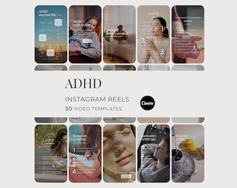 ADHD Instagram Reels, Brain Health Done For You Customizable Canva Templates, Neurobehavioral Cognitive Therapy Social Media Videos