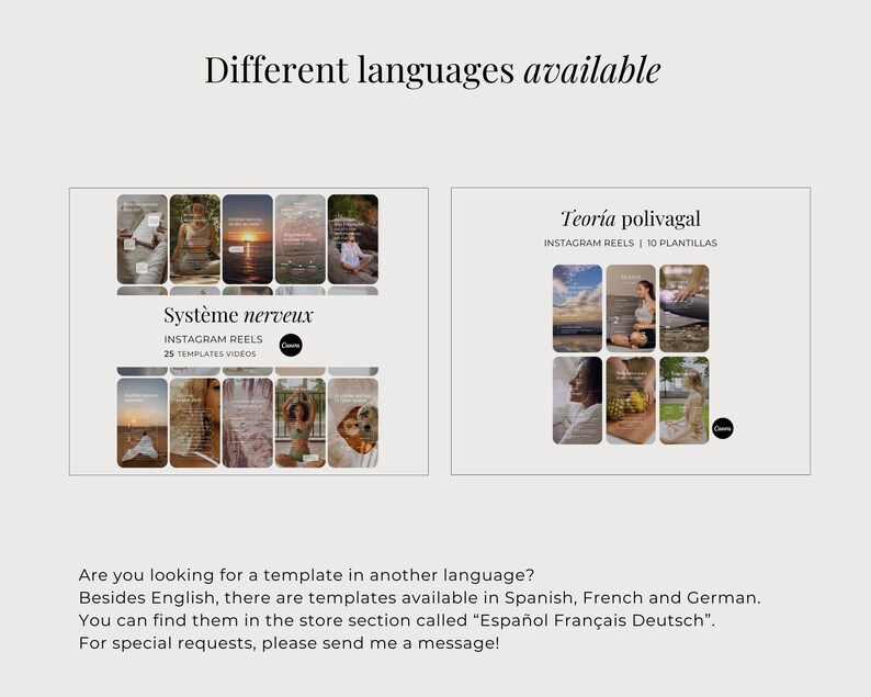May include: A digital product display featuring two sets of Instagram Reels templates. The left set is titled Syst&egrave;me nerveux with 25 video templates, and the right set is titled Teor&iacute;a polivagal with 10 templates, both showcasing various lifestyle imagery.