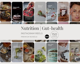 Nutrition 150 Instagram Reels Bundle, Gut-Health & Longevity Food Social Media Videos, Nutritionist Customizable Canva TikTok Templates