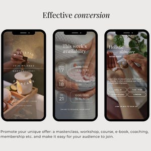 Op de afbeelding: Drie smartphoneschermen met digitale marketingtemplates en de tekst Effective conversion. De schermen tonen details over een workshop holistische huidverzorging, beschikbaarheid voor afspraken en informatie over een masterclass.