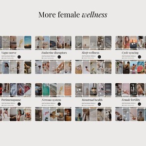 May include: A digital collection of Instagram Reels templates titled More female wellness, featuring eight categories including Vagus nerve, Endocrine disruptors, Sleep wellness, Cycle syncing, Perimenopause, Nervous system, Menstrual health, and Female fertility.