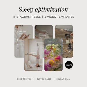 May include: Five digital video templates for Instagram Reels titled Sleep optimisation. The templates feature text overlays including Screen time, Sleep activation, Serotonin, Melatonin, and Nutrients for sleep, alongside imagery of yoga and food.