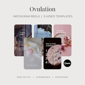 May include: A graphic design featuring five Instagram Reels templates on a light beige background. The templates cover topics related to ovulation, with text such as "Ovulation Insights" and "Nutrition for Ovulation". The Canva logo is visible.