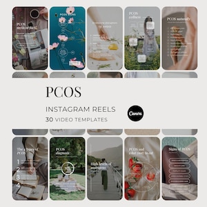Puede incluir: Un producto digital con 30 plantillas de Reels de Instagram sobre SOP. Las plantillas utilizan una paleta de colores neutros e incluyen superposiciones de texto con información sobre mitos, signos y manejo del SOP. El logotipo de Canva es visible.